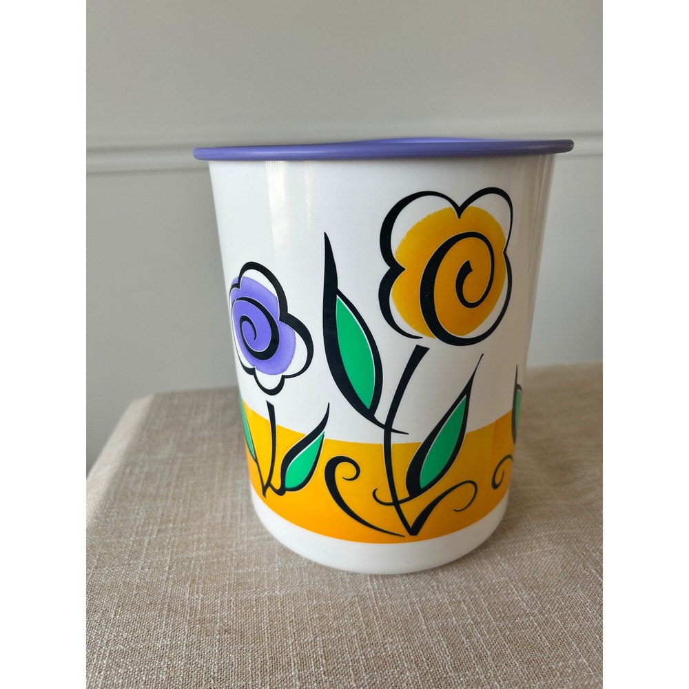 Vintage Tupperware Floral Canister 2418B-1 Purple Lid Pop Art Flower USA Made